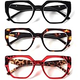 prtcslwd 3 Pack Trendy Square Ladies Reading Glasses, Fashion Blue Light Blocking Stylish Computer Readers for Women