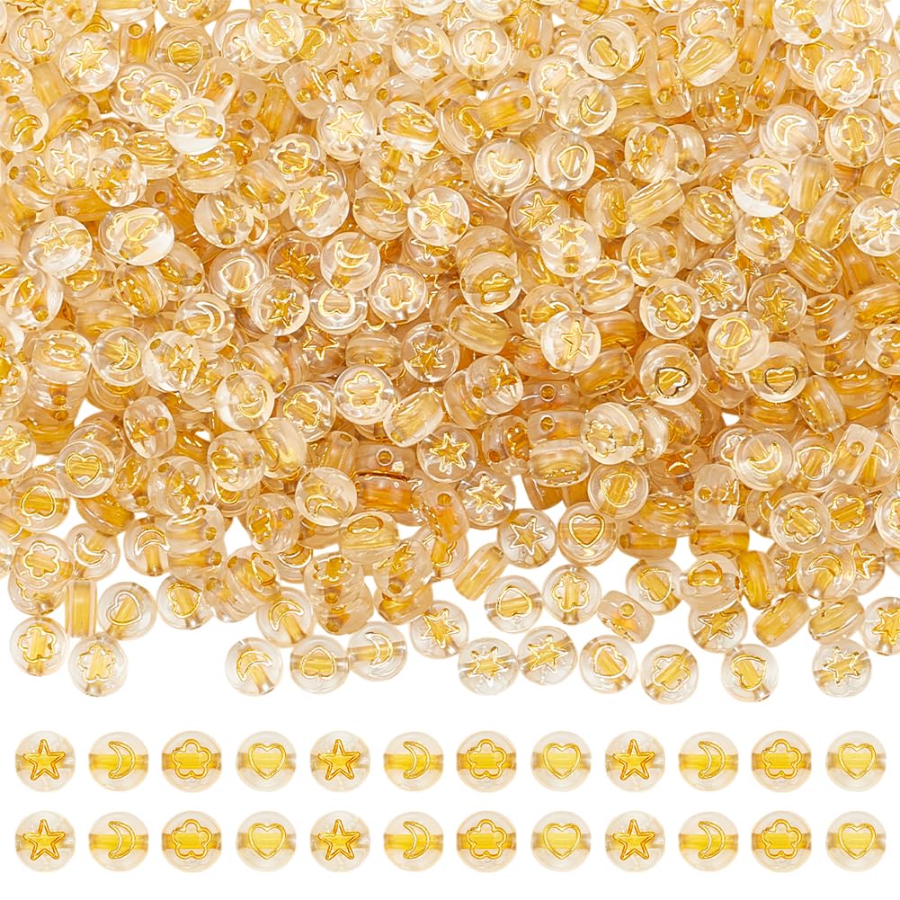 SUNNYCLUE 800Pcs Gold Pony Beads Flat Round Acrylic Bead Bulk Transparent Moon Star Heart Flower Shaped Floral Pattern Bead for Jewellery Making Friendship Bracelet Necklaces DIY Crafts Accessories