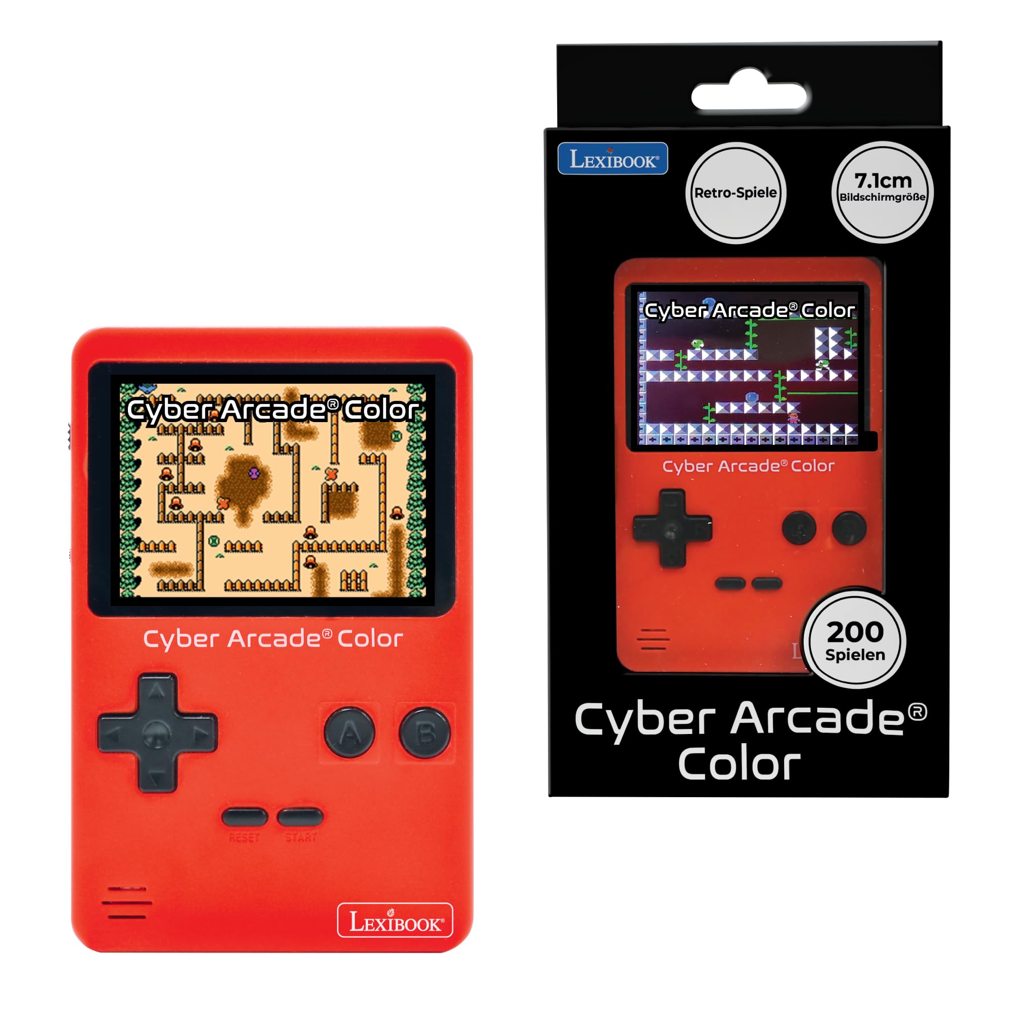 Lexibook, Cyber Arcade® Color, Portable retro games console, 200 games of action, sport, racing, puzzles and more, 2.8" LCD colour display, Red, JL2389