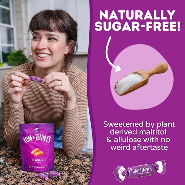 TOM & JENNY’S SUGAR FREE CANDY SOFT CARAMELS INDIVIDUALLY WRAPPED – SEA SALT & VANILLA – LOW NET CARB KETO ZERO SUGAR CANDY WITH ALLULOSE & MALTITOL (CLASSIC CHEWY CARAMELS) 1 PACK