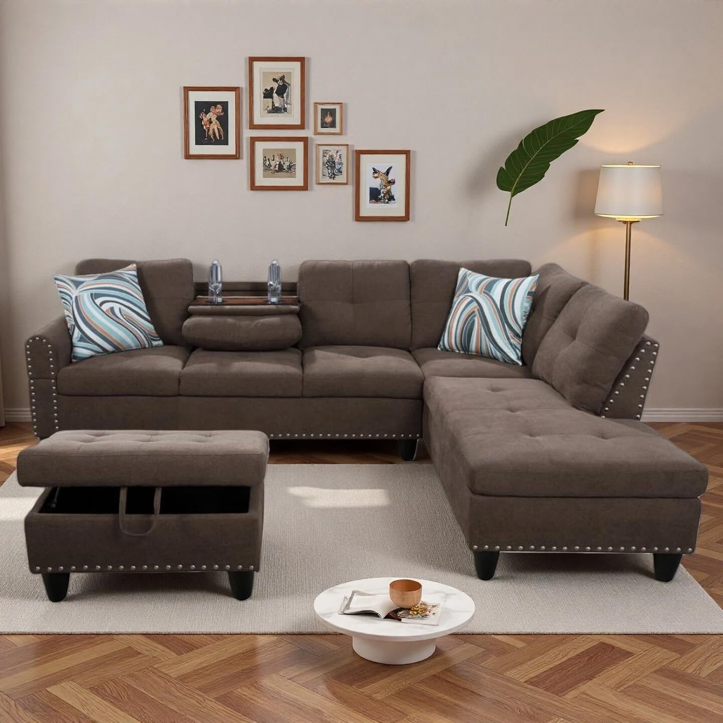 View 1 of Trygoal L-Shaped Sectional Sofa with Movable Chaise & Storage Ottoman, Lounge 3-Piece Modular Convertible Couches for Living Room, Apartment & Office, Brown BOX 1/3 