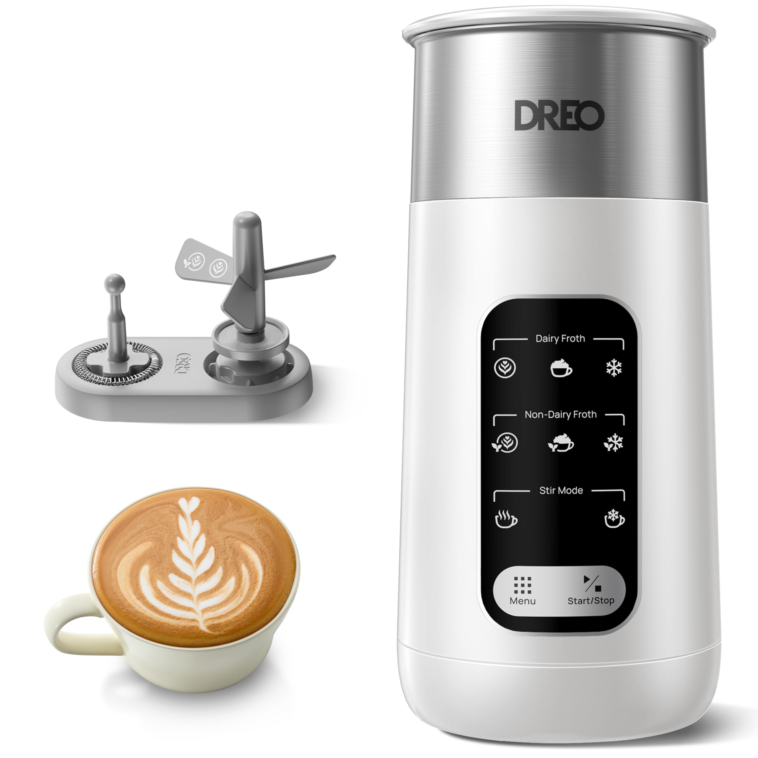 Photo 1 of DREO Milk Frother, 8-in-1 Electric Frother for Latte Art Coffee, 9oz/270ml Warm and Cold Foam Automatic Frothers for Dairy and Non-Dairy Milk, LED, Easy to Clean, BaristaMaker Air, White