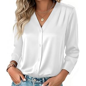 Zeagoo Women Satin Silk Blouses V Neck Long Sleeve Button Down Shirts Tops | Dressy Satin Business Blouses Shoulder Gathers,F