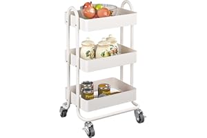 MIOCASA 3-Tier Metal Utility Rolling Cart, Heavy Duty Multifunction Cart with Lockable Casters, Easy to Assemble, Suitable for Office, Bathroom, Kitchen, Garden (White)