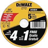 DEWALT 4 1/2 Cut Off Wheel, Angle Grinder Cutting Disc, 5 Pack, Aluminum Oxide Abrasive Chop with 7/8 Arbor for Metal Cutting, Grinding Wheels 4 1/2 in x .045 in (DW8062B5)