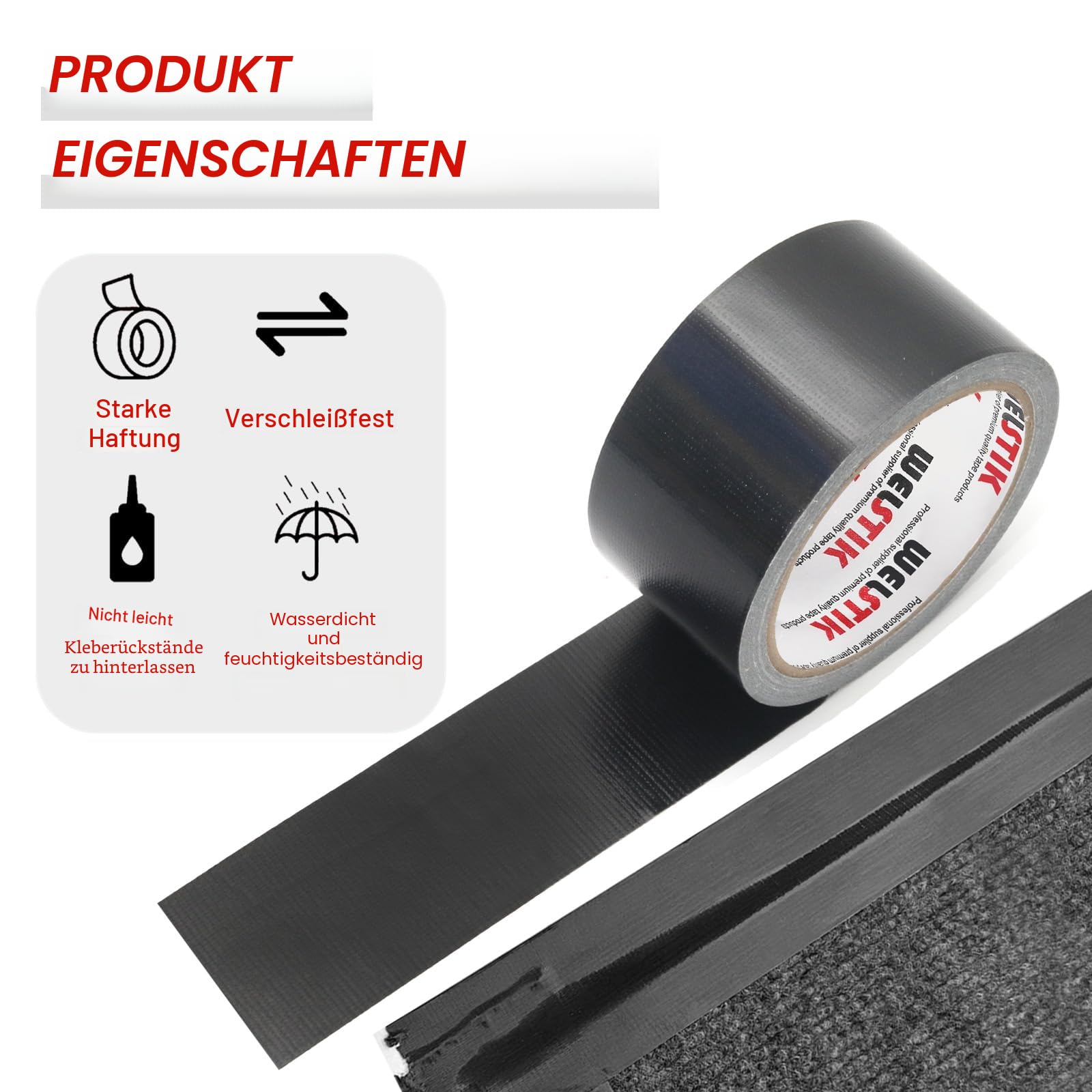 WELSTIK Professionelles Klebeband, 48 mm x 27 m, wasserdicht, für Reparaturen, Heimwerker, Handwerk, Innen- und Außenbereich, panzertape Schwarz, 3 Stück 3