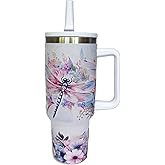 Hazlget Dragonfly Tumbler With Handle and Straw,Stainless Steel Travel Mugs Cup for Friend Women,Gifts for Dragonfly Lover 40 Oz