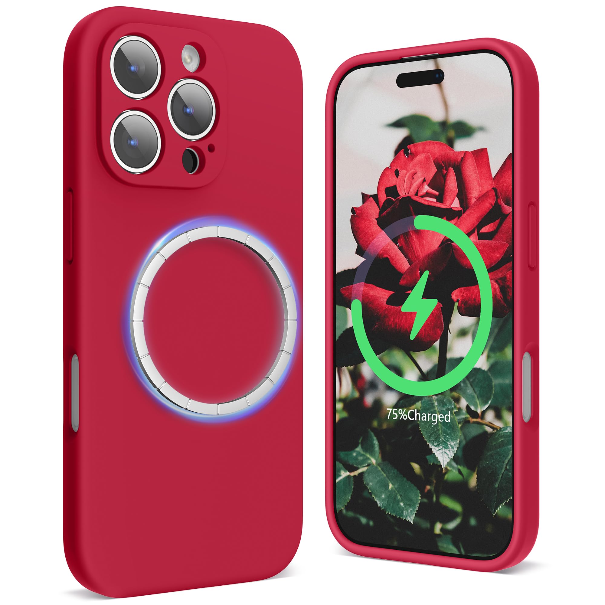 SURPHY Magnetic Design for iPhone 16 Pro Case, Liquid Silicone Protection for Each Lens Shockproof Gel Rubber Phone Case for iPhone 16 Pro 6.3 inch 2024, Red