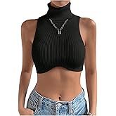 Floerns Women's Solid Sleeveless Ribbed Vest Turtleneck Knitted Crop Tank Top
