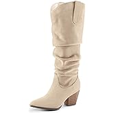 mysoft Women's Cowboy Knee-High Boots Pointed Toe Mid Chunky Heel Pull On Slouchy Boots with Zippers