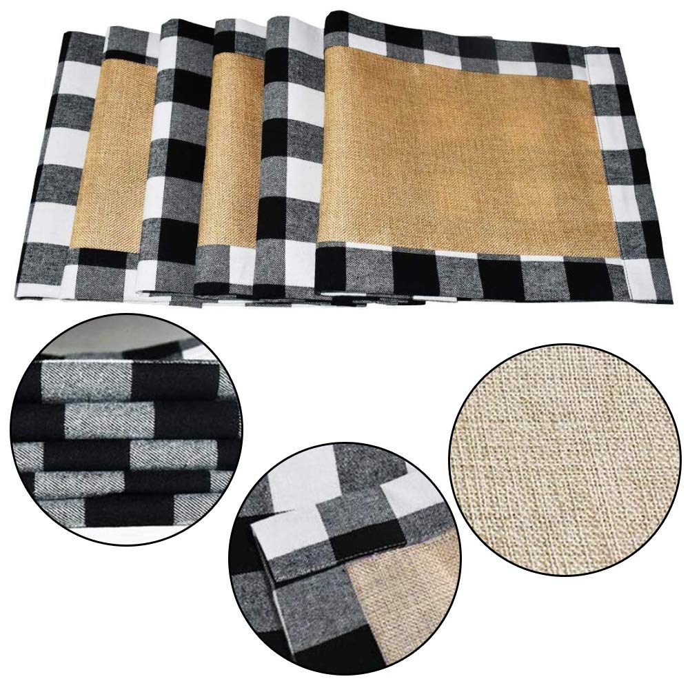 HAKACC 6 PCS Christmas Holiday Placemats Buffalo Plaid Placemats White Black Reversible Placemats for Christmas Holiday Birthday Party Table Home Decoration