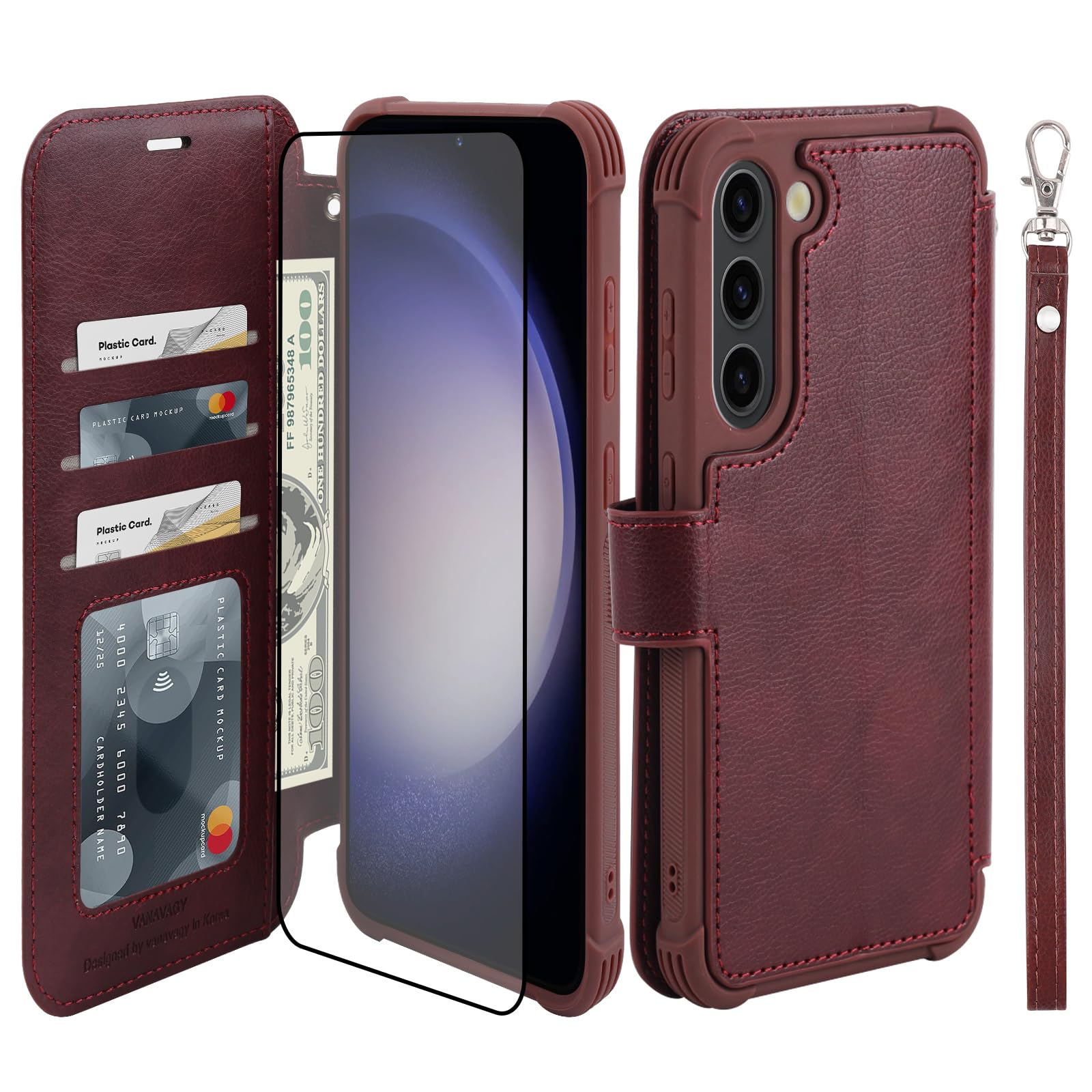 VANAVAGY Compatible for Galaxy S23 Wallet Case, 12ft Drop Protection, RFID Blocking PU Leather Flip Cover, Card Holder & Kickstand, Shockproof Phone Case for S23-6.1 Inch,Burgundy