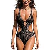 CUPSHE Women's One Piece Swimsuit Monokini Plunging Neck Cutout Bathing Suit Halter Ties Adjustable Straps Swimwear