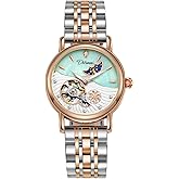 CARLIEN Womens Automatic Mechanical Stainless Steel Moonphase Watches Leather Strap Self-Winding Pearl Skeleton dial Waterproof Ladies Wristwatch