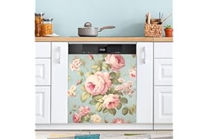 JIPONI Dishwasher Magnetic Cover Retro Red Flower Dishwasher Magnetic Kitchen Art Decor, Dishwasher Magnetic Sticker 23 W x 26 H Inch