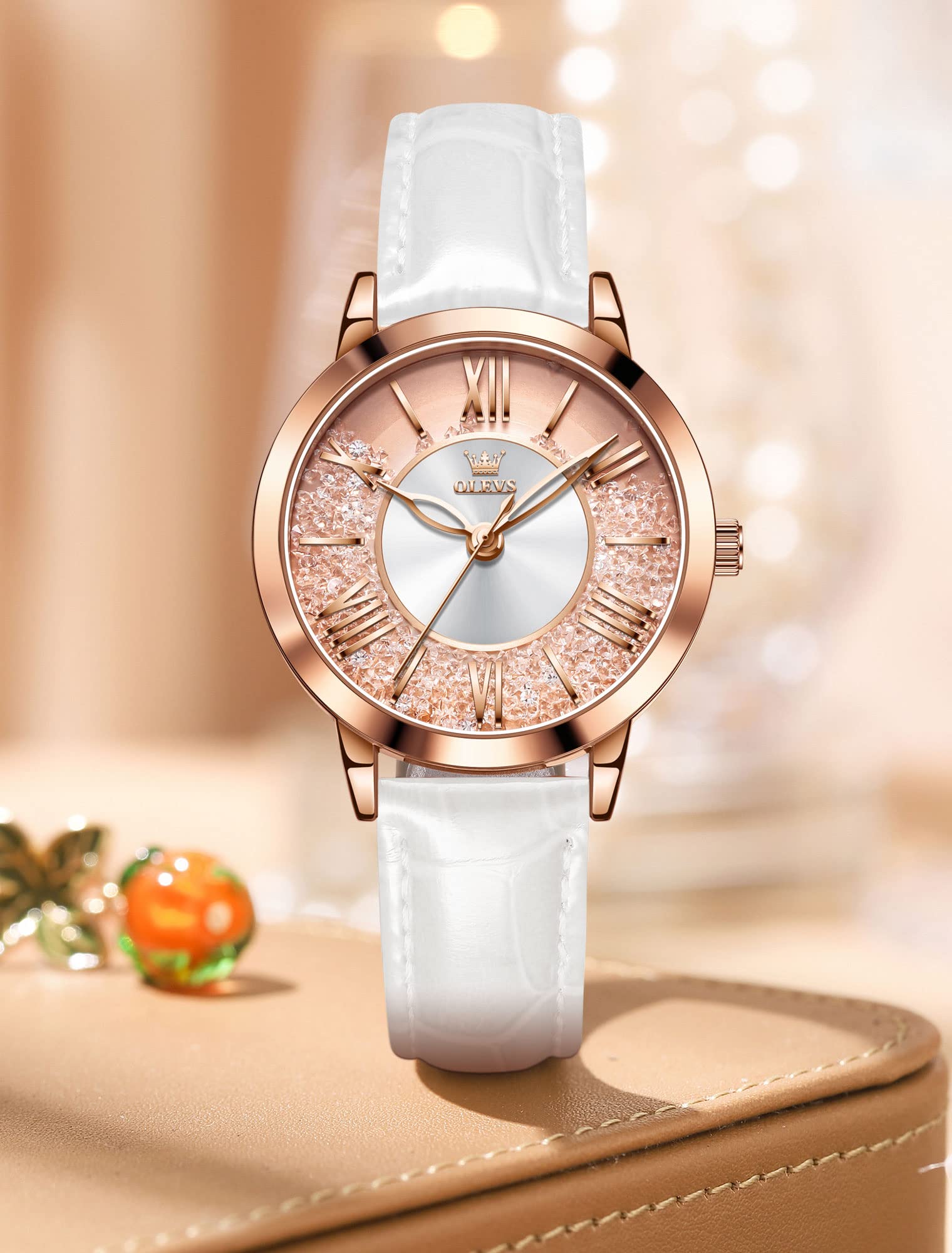 OLEVS Leather Watch for Women Classic Vintage Women Watches Roman Numerals Ladies Dress Watch Waterproof Analog Quartz Womens Wrist Watches Relojes para Mujer Pink, Red, White Leather Strap