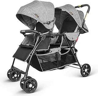 Besrey Geschwisterwagen Doppel-Kinderwagen für Zwillinge oder Geschwister. Mit Regenschutz. Von Geburt bis 3 Jahre. Grau.