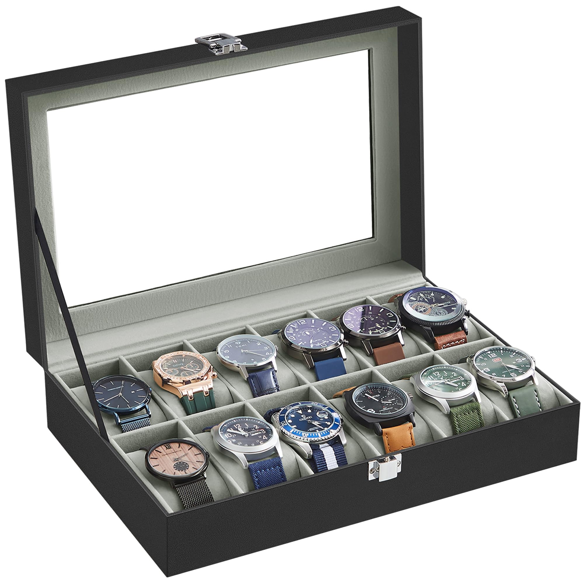 SONGMICS Watch Box with 12 Slots, Watch Case with Glass Lid, Watch Display Box with Removable Watch Pillows, Metal Clasp, Gift Idea, Black Synthetic Leather, Greenish Grey Lining JWB12BK