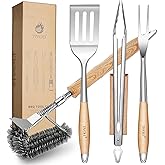 TIVOLI 4PCS Grilling Accessories, Heavy Duty BBQ Tool Set with Stainless Steel Spatula, Tongs, Fork, Cleaning Brush, Wood Handles Barbecue Utensils Kit for Outdoor, Perfect Grill Gifts for Dad Men