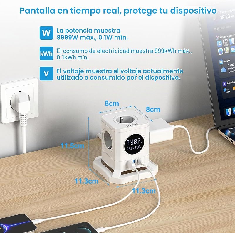 Regleta Enchufe Que Muestra la Potencia del Dispositivo, FDTEK Ladron Enchufe Que Muestra el Voltaje, Enchufe Cubo Que Muestra la Pérdida de Potencia., 4000W/16A, Blanco — foto 2 de 7