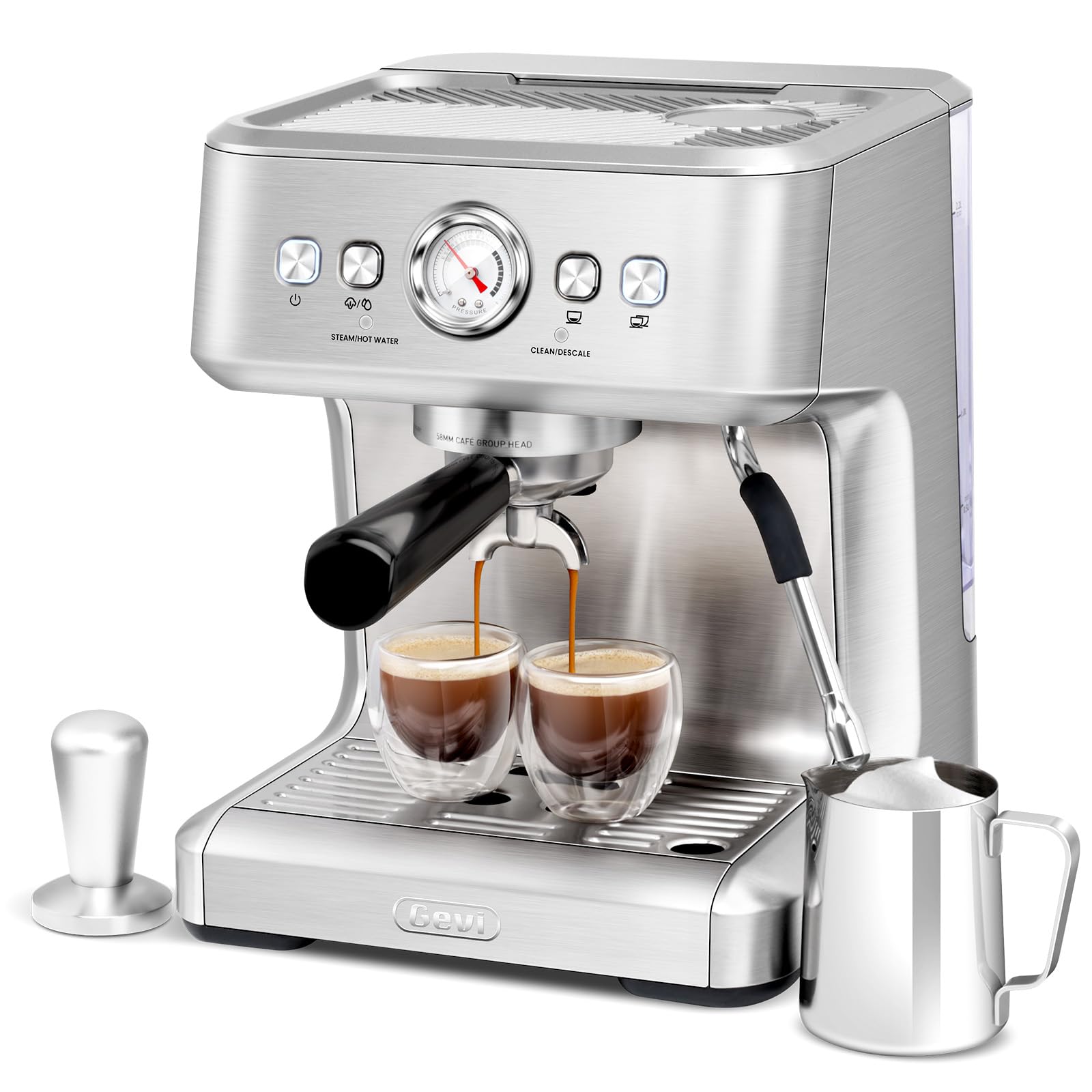 Gevi EzBru 1000C Commercial Grade Espresso Machine | 20Bar Pump + PID Temp Control (Adjustable Shot/Temp) | 58mm Portafilter w/Pressure Gauge | 2.2L Tank & Barista Kit | Home & Café Use