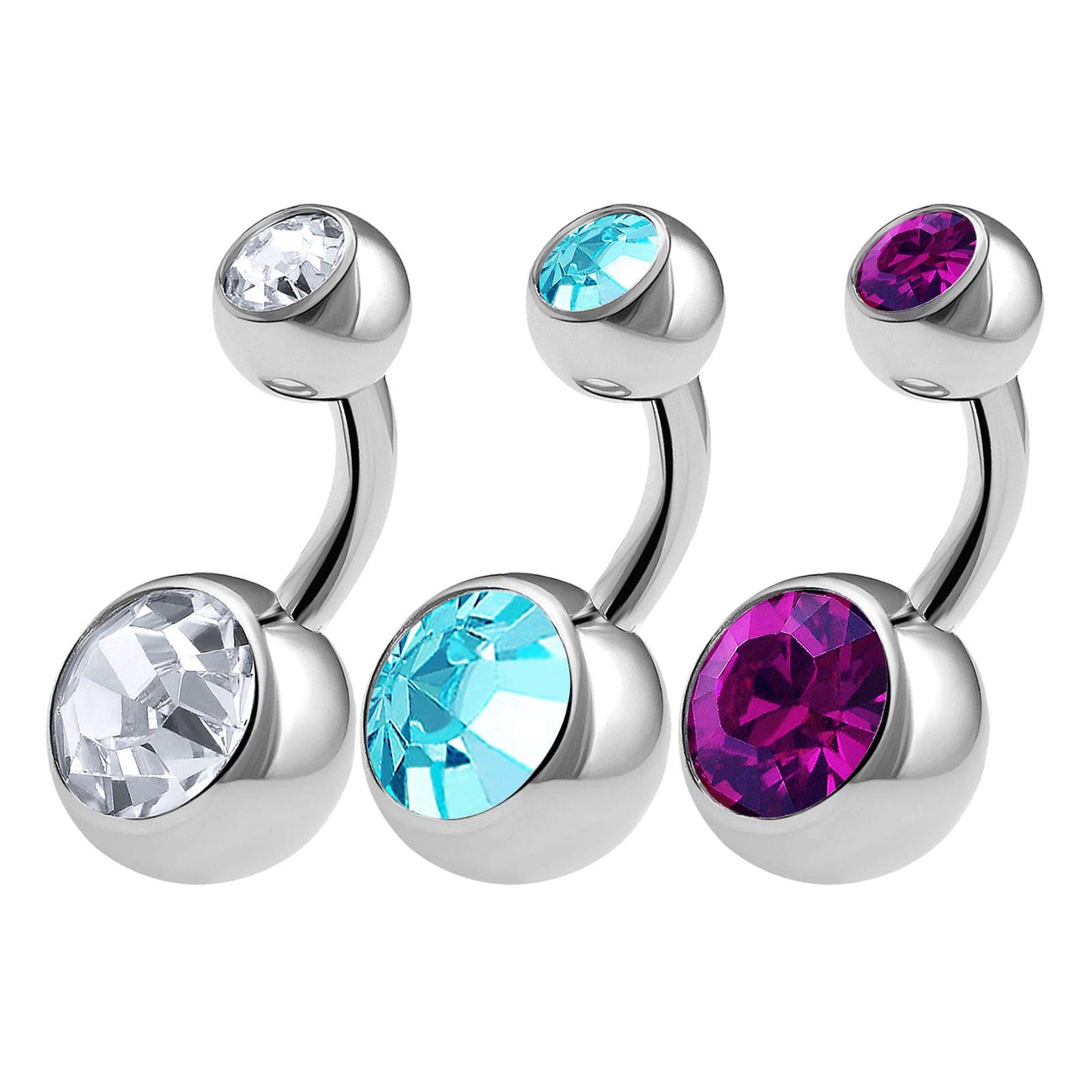 KJM FASHION 3PCS 316L Surgical Steel Shallow Belly Button Stud 14 Gauge 1/4 6mm Clear Aquamarine Amethyst Short Navel Bars Jewellery 0623