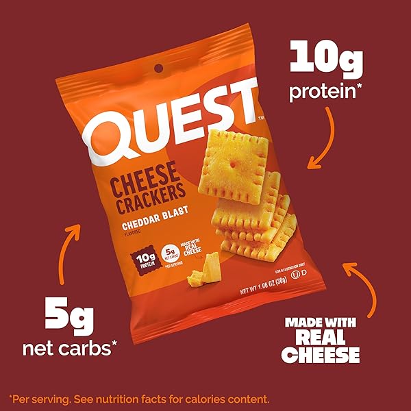 QUEST NUTRITION CHEESE CRACKERS, CHEDDAR BLAST, 10G PROTEIN, 5G NET CARBS, 1G SUGAR, MADE WITH REAL CHEESE, HIGH PROTEIN SNACK, 4 COUNT