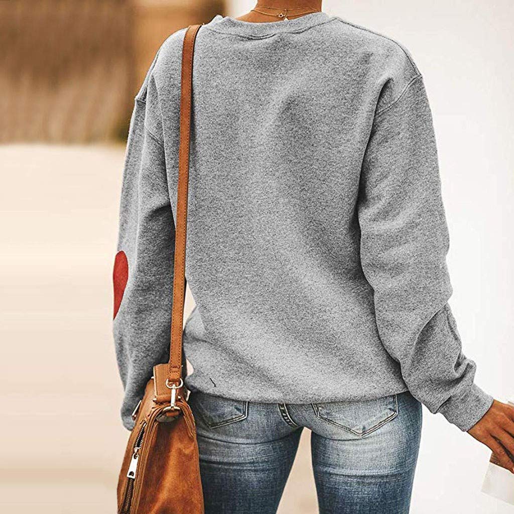 Winsummer Womens Valentine\'s Day Sweatshirts Jumper Top Heart Pattern Elbow Patch Long Sleeve Crewneck Pullover Shirts