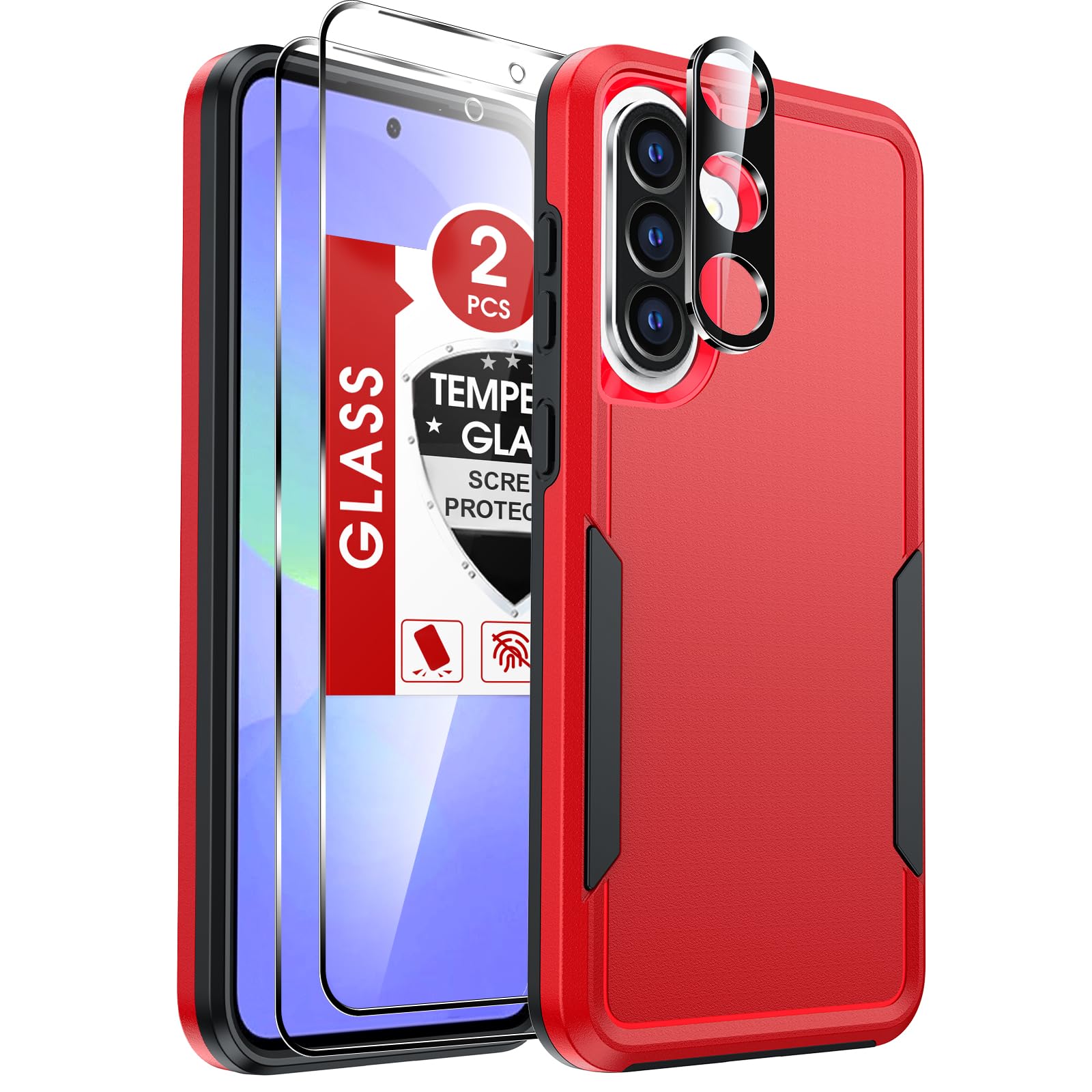 LeYi for Samsung-A36-5G-Case: with [2PCS Screen Protector + 1PCS Camera Lens Protector], Full-Body Heavy Duty Double Layer Shockproof Cellphone Phone Case, Red