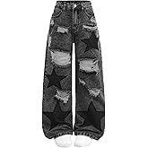 Vaimti Plus Size Womens Distressed High Waist Jeans with Star Patches, Ripped Wide Leg Denim Pants