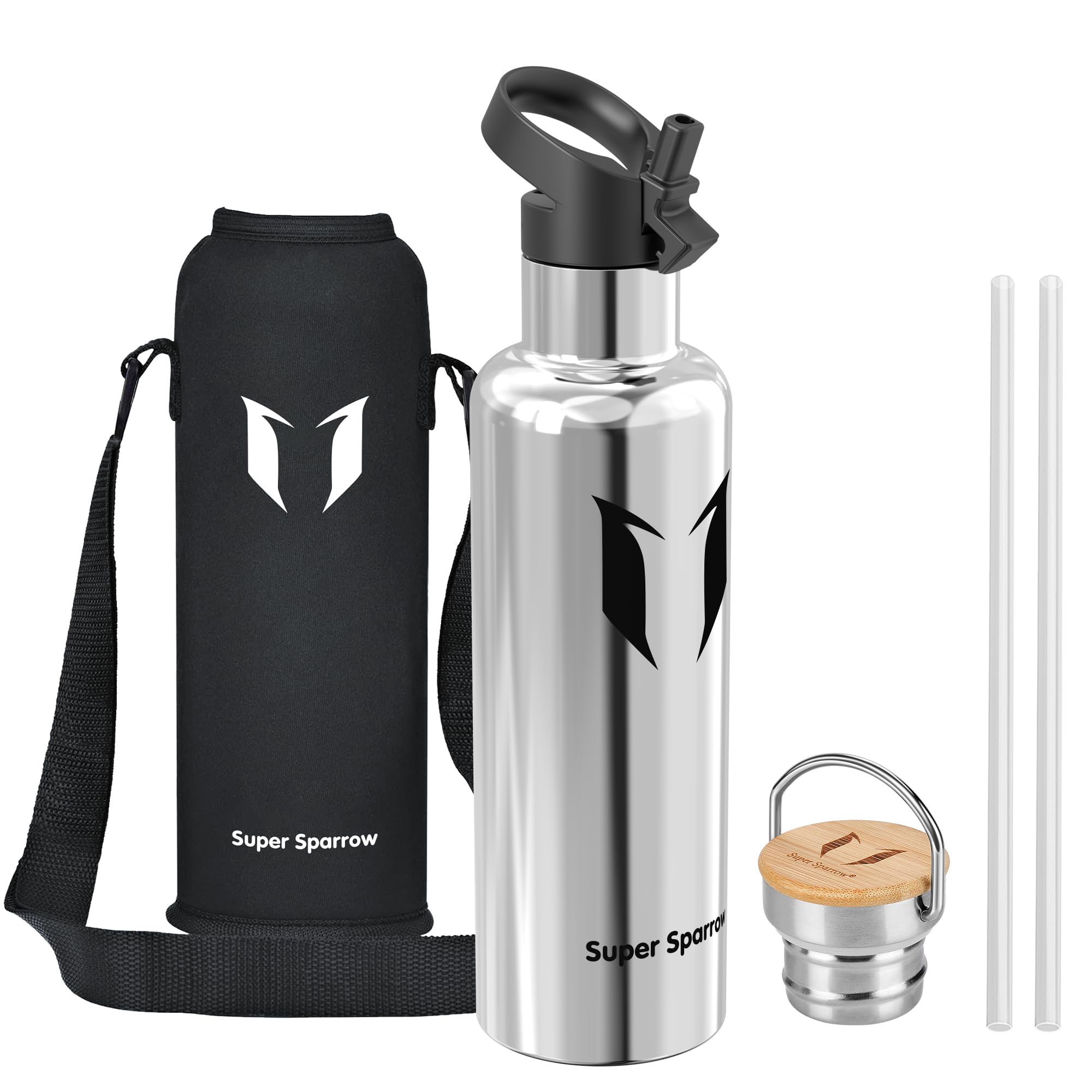 Super Sparrow Water Bottle Stainless Steel - 1000ml - Insulated Metal Water Bottles - Standard Mouth Flask - BPA Free - Straw Bottle for Work, Gym, Sports - 2 Lids โ image 1