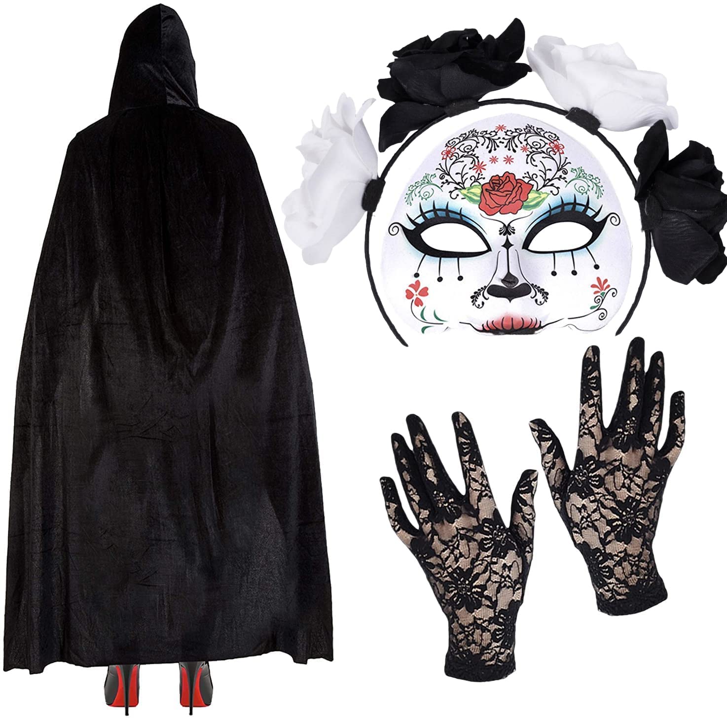 Robelli Womens Mexican Sugar Skull Day Of The Dead Halloween Costume - Mask/Headband/Velvet Cape/Lace Gloves (Maria)