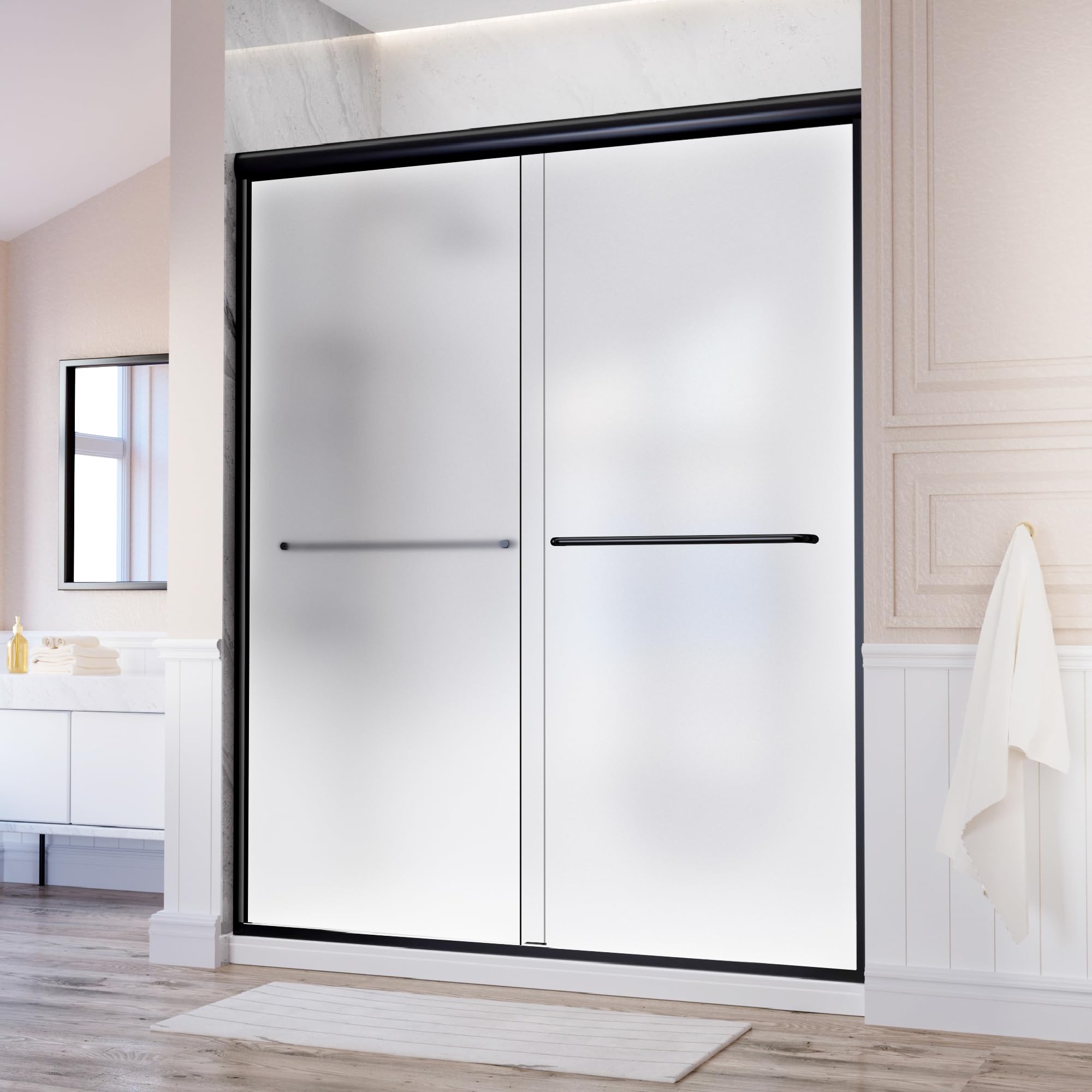 Photo 1 of 48 inch Black Shower Door?Semi-Frameless Double Sliding Door with Two Handles?Frosted Tempered Glass with Easy Clean Coating, Matte Black