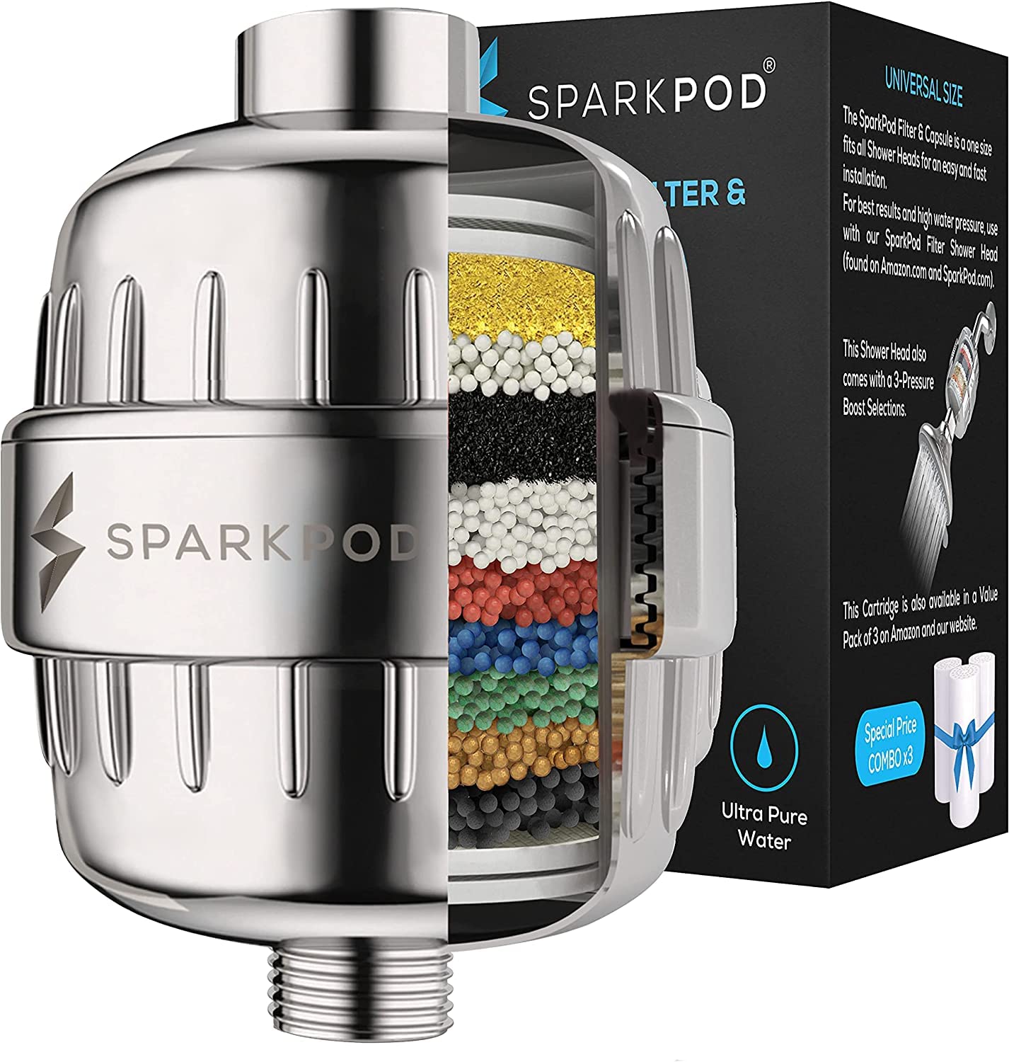 SparkPod Shower Filter Capsule - Enhances Skin and Hair Health - Bathroom Shower Filter Reduces Eczema and Dandruff - Filters Chlorine - Heavy Metals and Impurities - 1-Minute Installation - (Chrome)