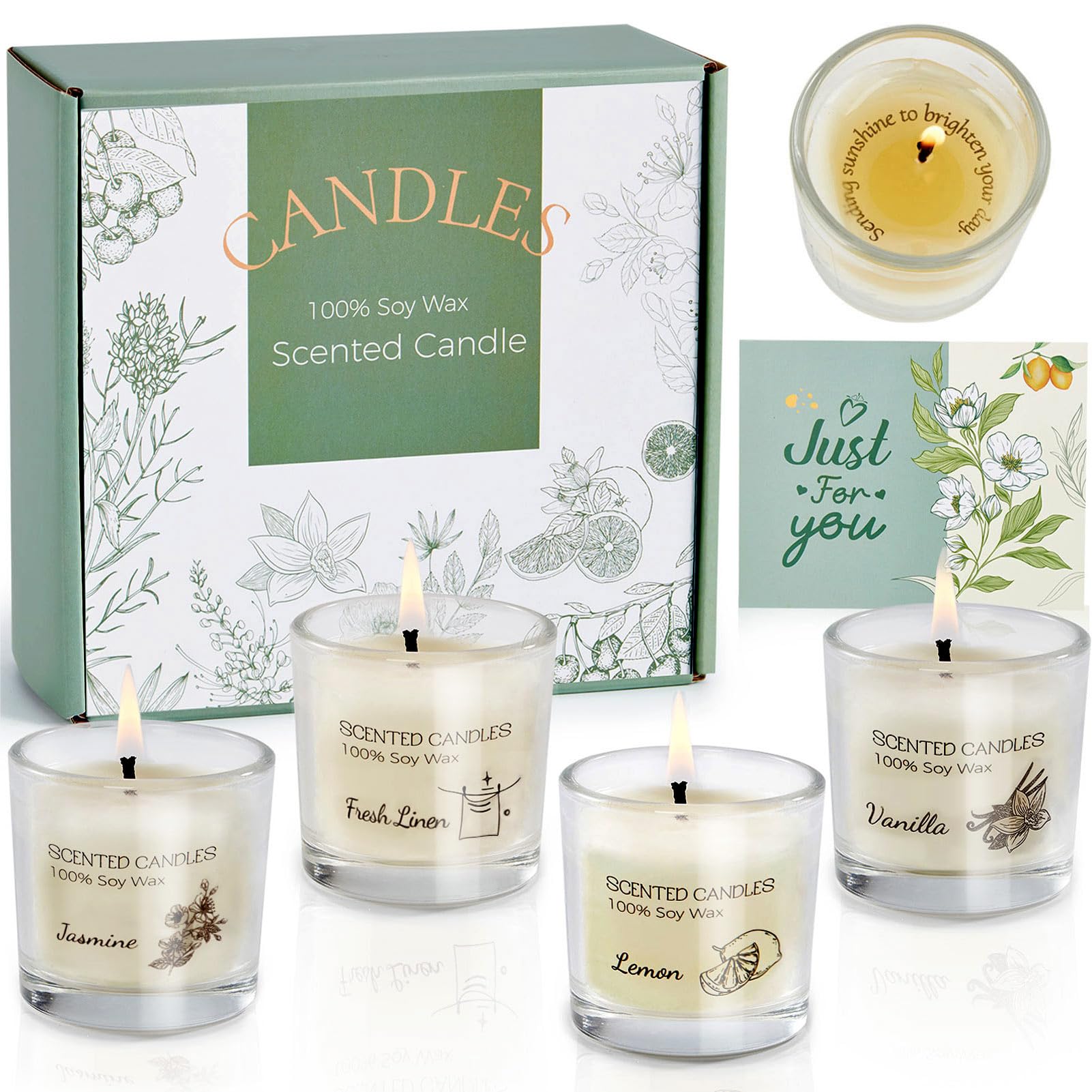Aptliton Scented Candles Gifts for Women, Votive Candles Set of Fresh Linen, Vanilla, Jasmine, and Lemon, Soy Wax Candle Gift Set for Birthdays, Weddings, Christmas