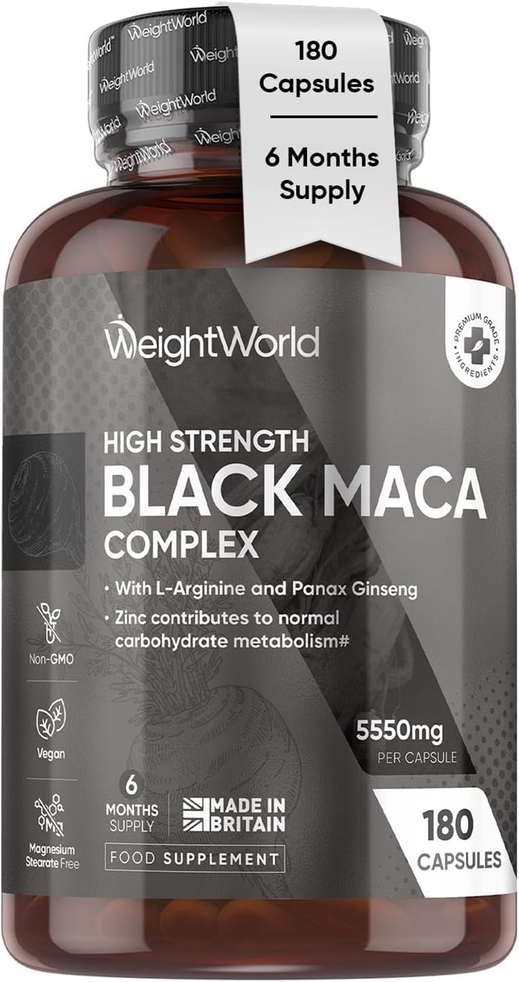 Maca Root Capsules 5550mg - 180 Capsules - 6 Months Supply - Black & Yellow Maca with L-Arginine & Panax Ginseng - Zinc Contributes to Normal Fertility & Reproduction (EFSA) - for Men & Women