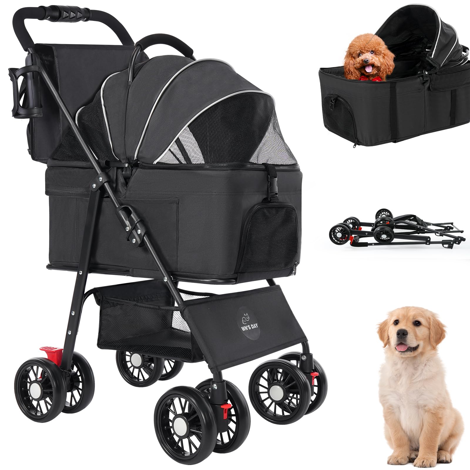 Photo 1 of 3 in 1 Pet Dog Stroller for Small Medium Dogs 10-50 lbs, Foldable Cat-Strollers for 2-Cats with Removable Carrier, Pet-Strollers for Cats with Storage Bag, Small Puppy-Stroller, Dog-Cart (Black)