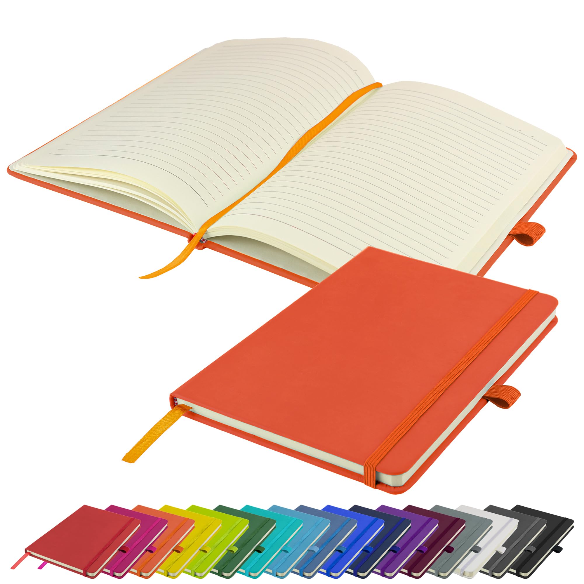 Savvy Bee A5 Notebook New Lined Hardback Journal with pen loop, elastic closure & ribbon page marker Notepad Note Book Notes Diary Pad (Orange)