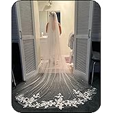 WEZTEZ Bridal Veils Lace Flower Wedding Veil,1 Tier Pearl Cathedral Length Bride Veil With Metal Comb (white)