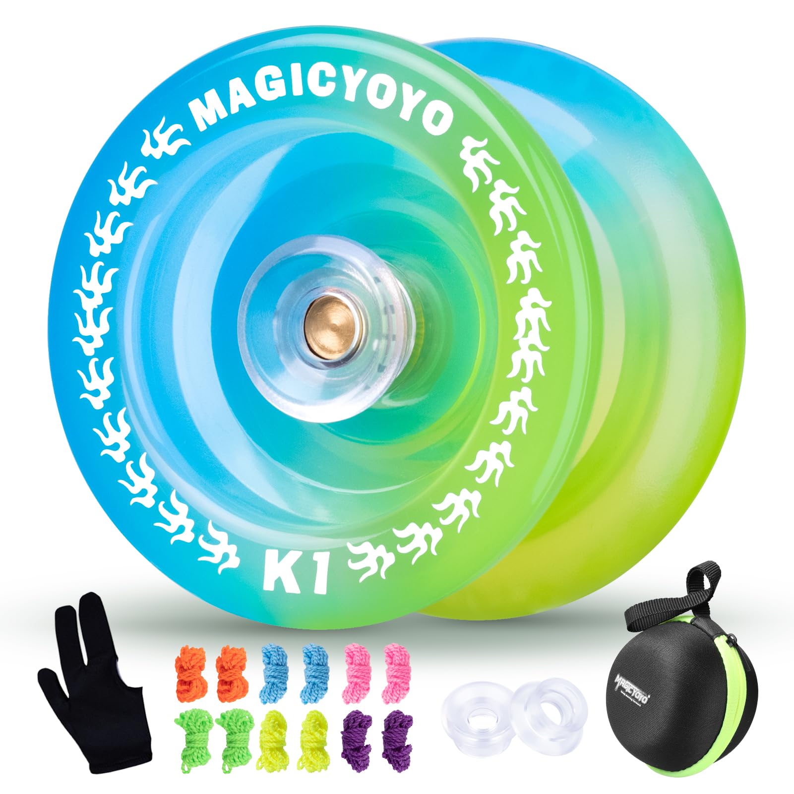 MAGICYOYO Kids Yoyo K1 for 8-12 or Up, Responsive Plastic Yoyo Blue Yellow, Professiona Tricks Yo Yo for Beginner with 12 YoYo Strings, 2 Hubstacks, Yo-yo Glove and Yo Yo Case