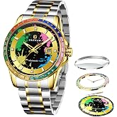GLENAW Automatic watches for Men- Men's Mechanical Watch, 43mm Large Face Rainbow Diamond Bezel Ink Splatter Dial, Stainless Steel Butterfly Buckle Watch with Date Display, Business Casual Self Winding Wristwatch for Men