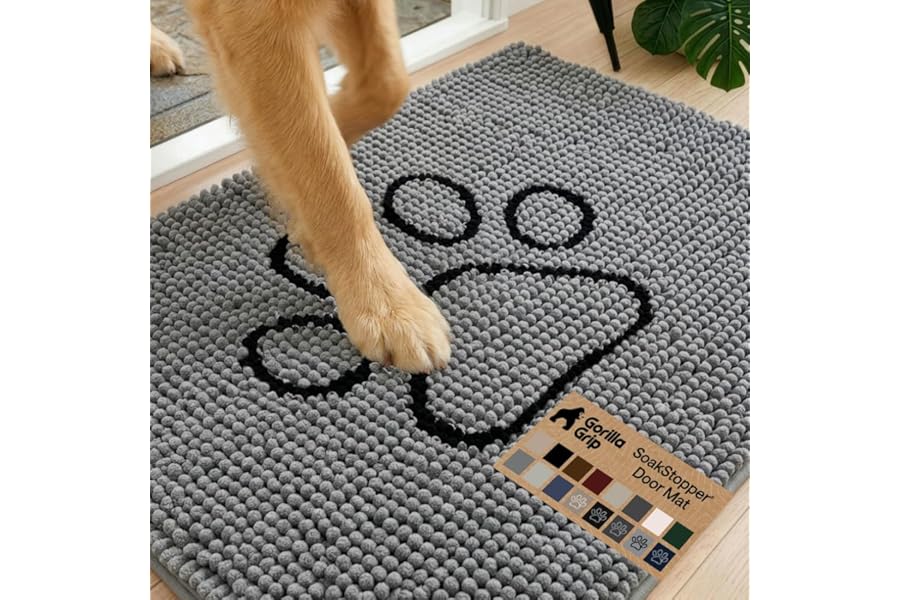 GORILLA GRIP SoakSTOPPER Dog Door Mat, Machine Washable Rug Absorbent Doormat Captures Moisture Mud Dirt, Quick Dry Soft Chenille Entryway Rugs Indoor Entrance Mats for Dog Paws, 24x17 Paw Grey