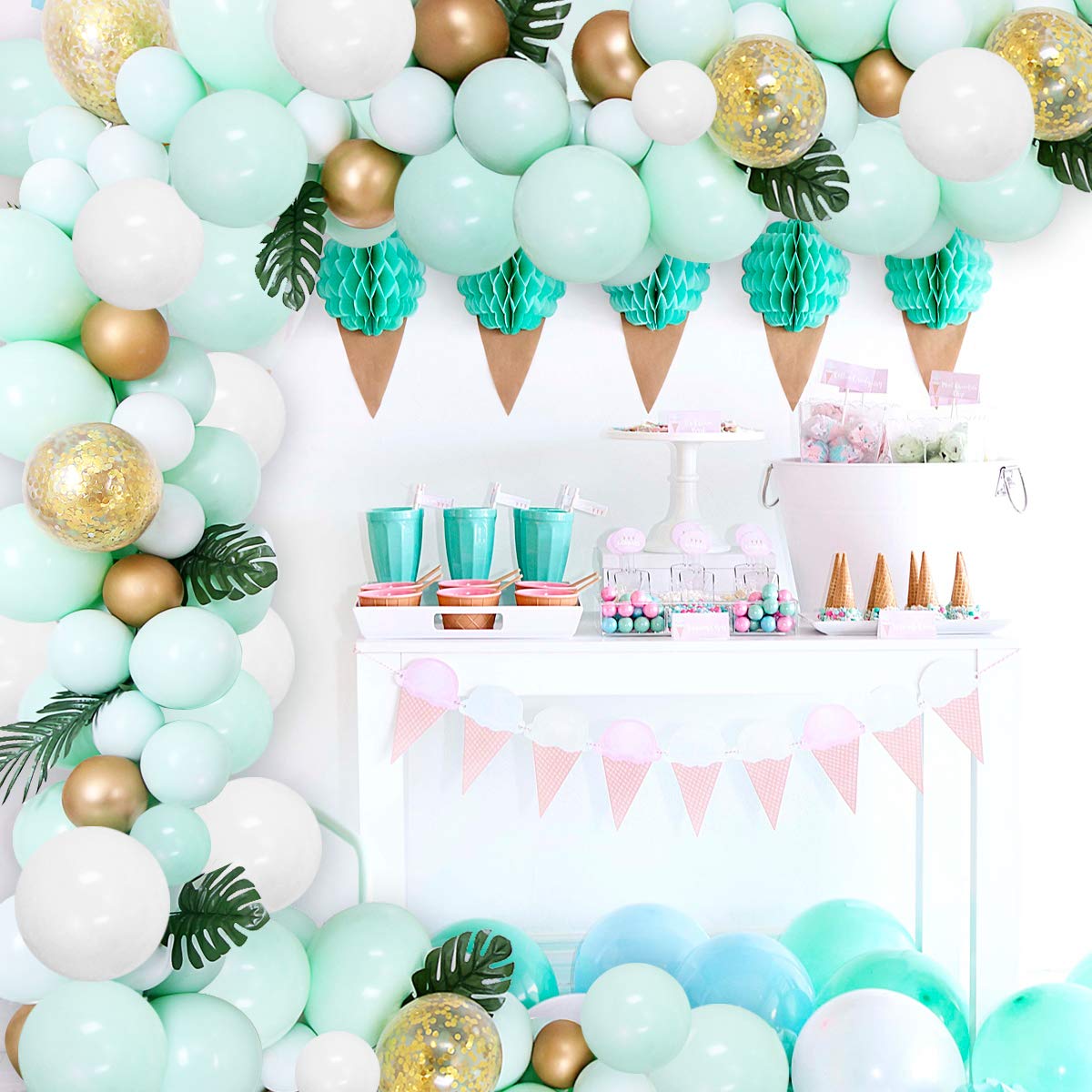 Mint Green Balloons Garland Arch Kit, Baby Shower Decorations, Metallic Gold Confetti Balloons with Green Palm Leaves for Birthday, Bridal Shower, Wedding Party Supplies