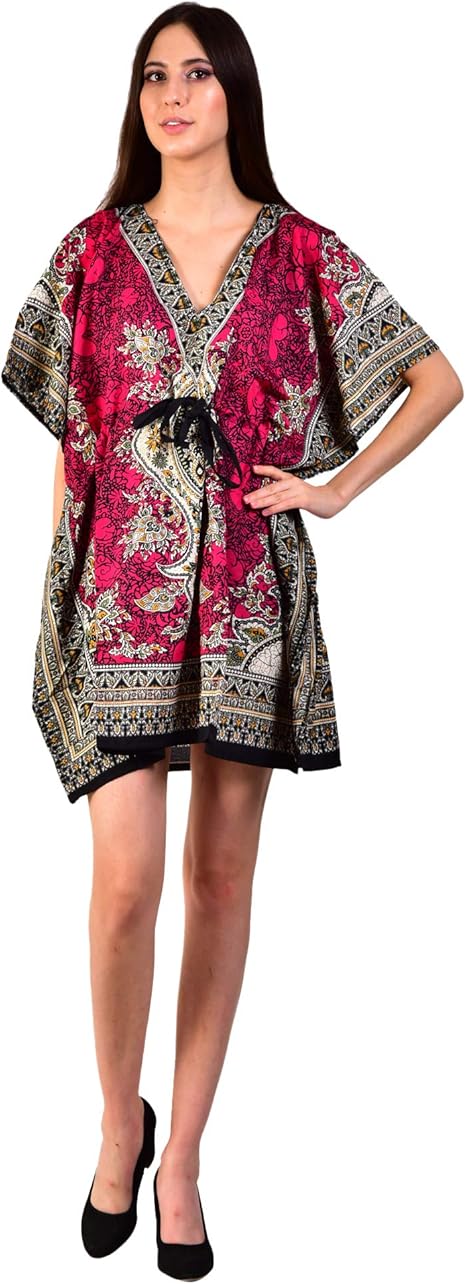eloria Women's Cotton Tribal Print Midi Kaftan Plus Size Beach Cover Up Caftan Dress Pink 