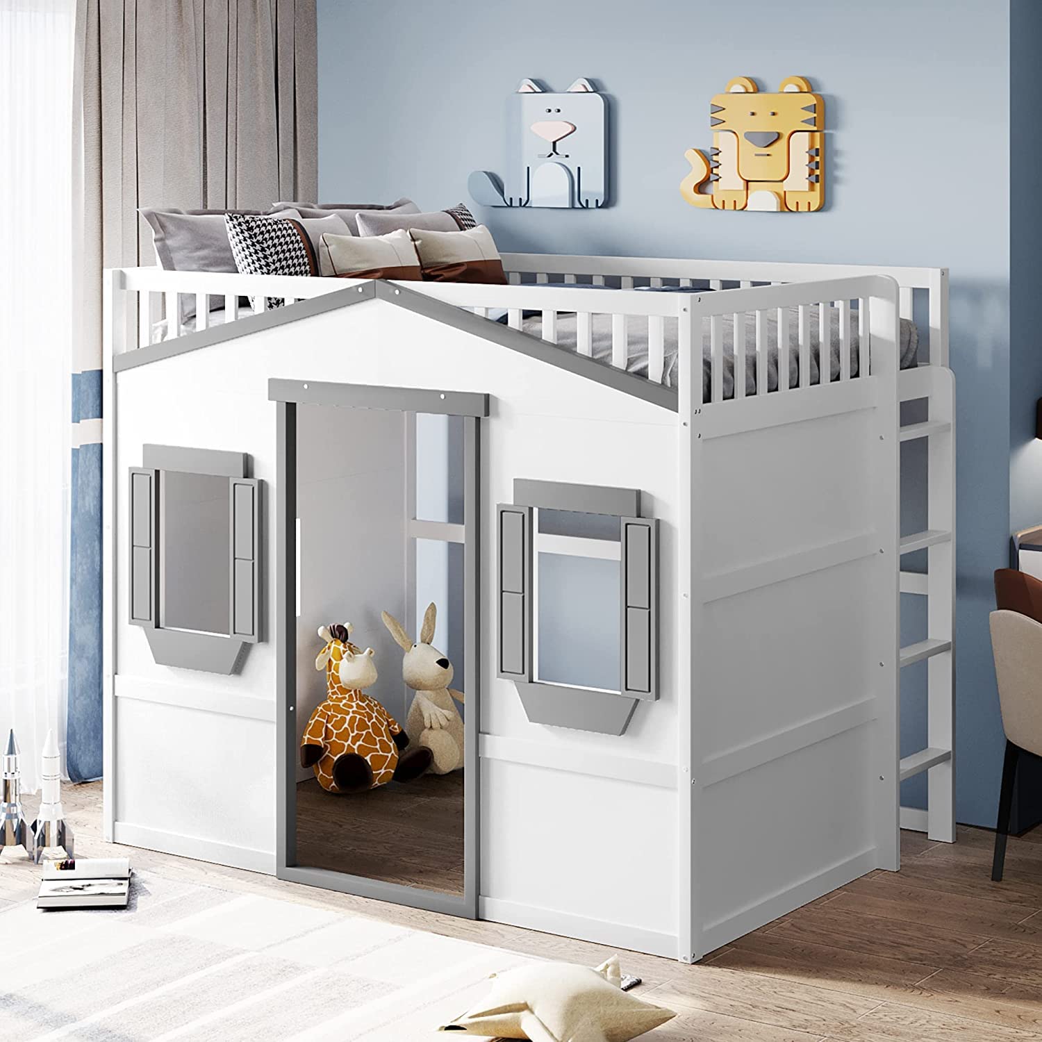 Photo 1 of  BOX 1/2 ONLY DNYN Full Size House Loft Bed for Kids Bedroom,Solid Wood Bedframe with Ladder & Safety Guardrail,Underneath Play-House Design & No Box Spring Needed,Easy Assembly,77.5" x 57.8" x 65", Gray+,White