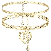 YANODA Initial Ankle Bracelets for Women 14K Gold Plated Layered Figaro Chain Letter Initial Anklets Handmade Layered Heart Ankle Bracelets Personalized Jewelry for Women