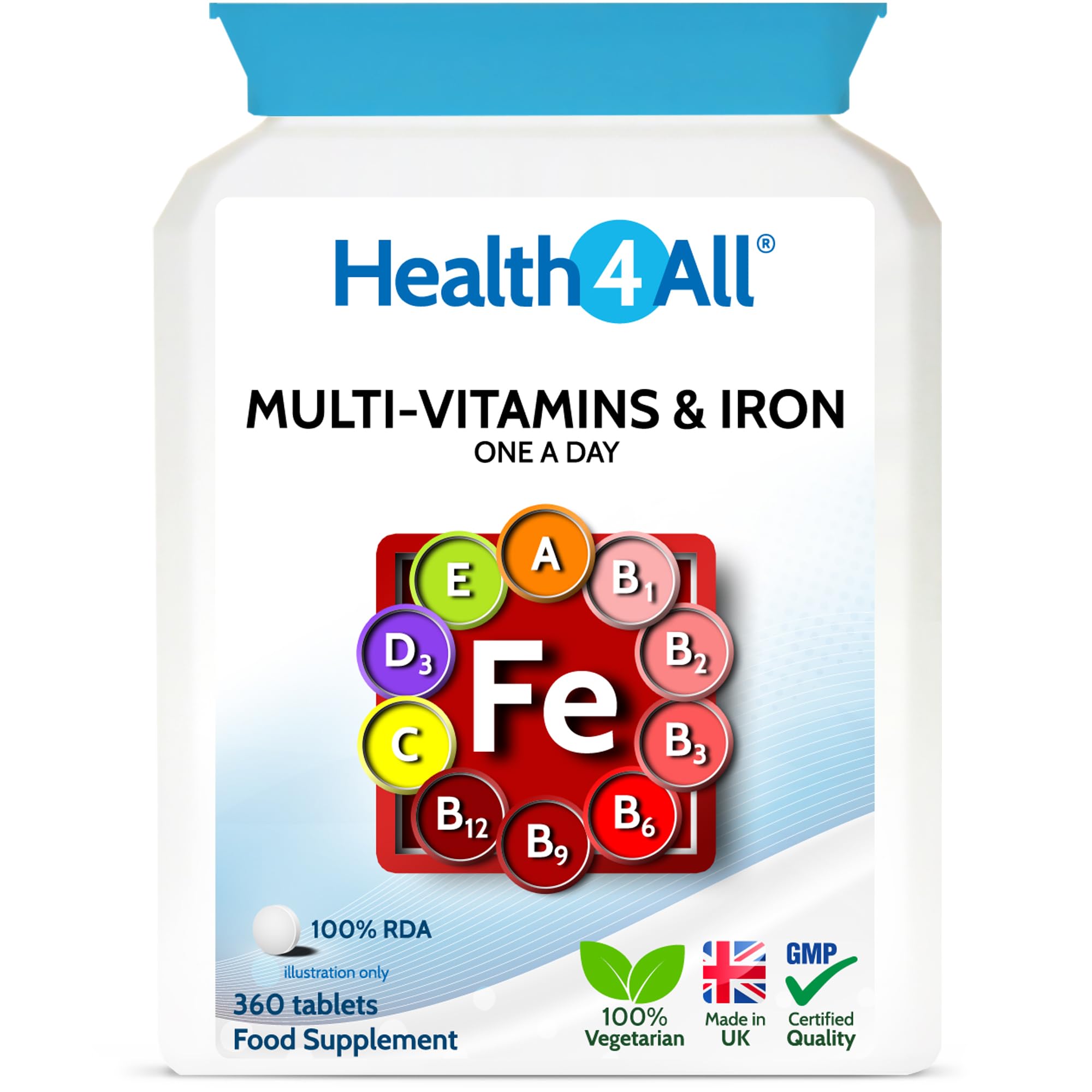 Health4All Multivitamins & Iron 360 Easy to Swallow Tablets, One a Day 1 Year Supply with 100% RDA of Iron and Vitamins | Supports Immune System and Overall Health of Men & Women | Made in UK