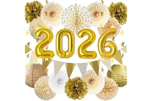 FETETIJD White Gold Party Decorations 2026 New Year Party Decorations Tissue Paper Pom Poms Fans Paper Lanterns Gold Triangle Flags Bunting Banner for New Year Eve Graduations Party Decor