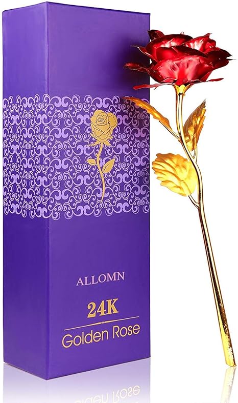 Amazon Com Allomn 24k Golden Rose Plastic Long Stem Real Rose Dipped In Gold With Gift Box Best Valentine S Day Gift Red Home Kitchen