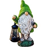 TERESA'S COLLECTIONS Christmas Outdoor Statue for Home, Resin Gnome Decorations with Solar Outdoor Lights for Garden Decor,Green Garden Sculptures & Statues for Front Patio Lawn, Gifts for Mom,8"